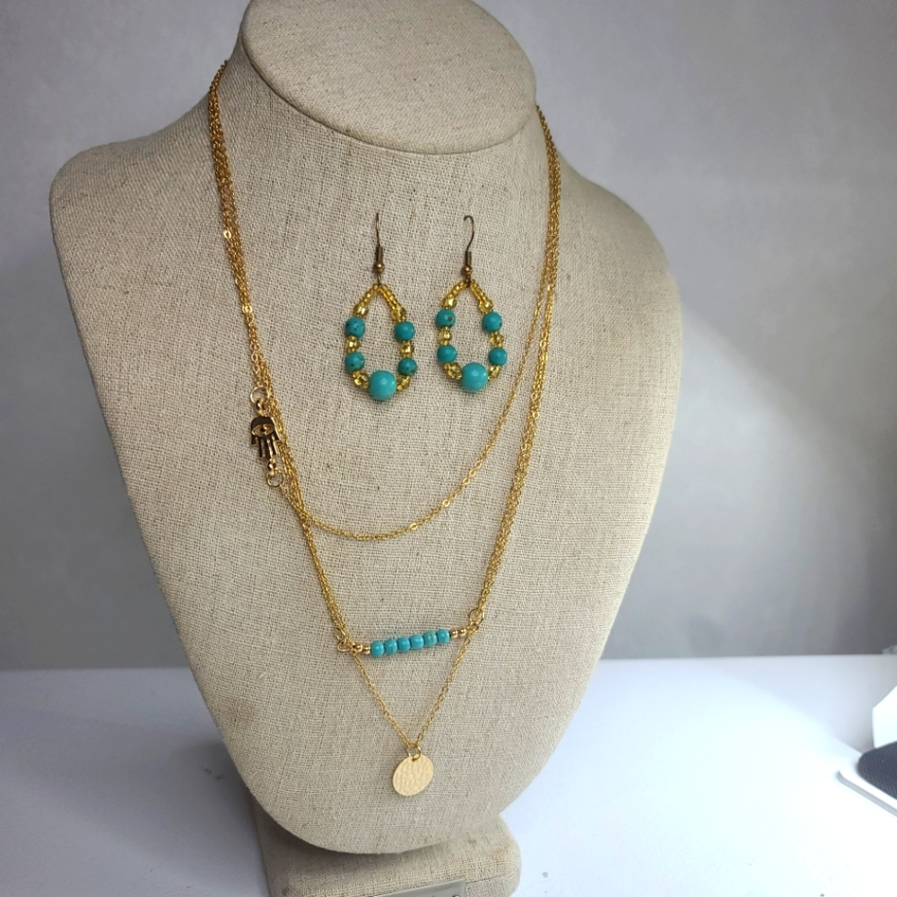 Bohemian Style Turquoise Beads with Goldtone Necklace & Earrings